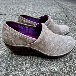 Bionica Women's Sz 8.5 M Cardin Clog Metallic Taupe Snakeskin Print Suede Wedge